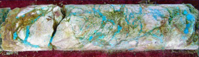 Turquoise in HQ core from drill hole YK-01 in the oxide zone of
the Yuma King property